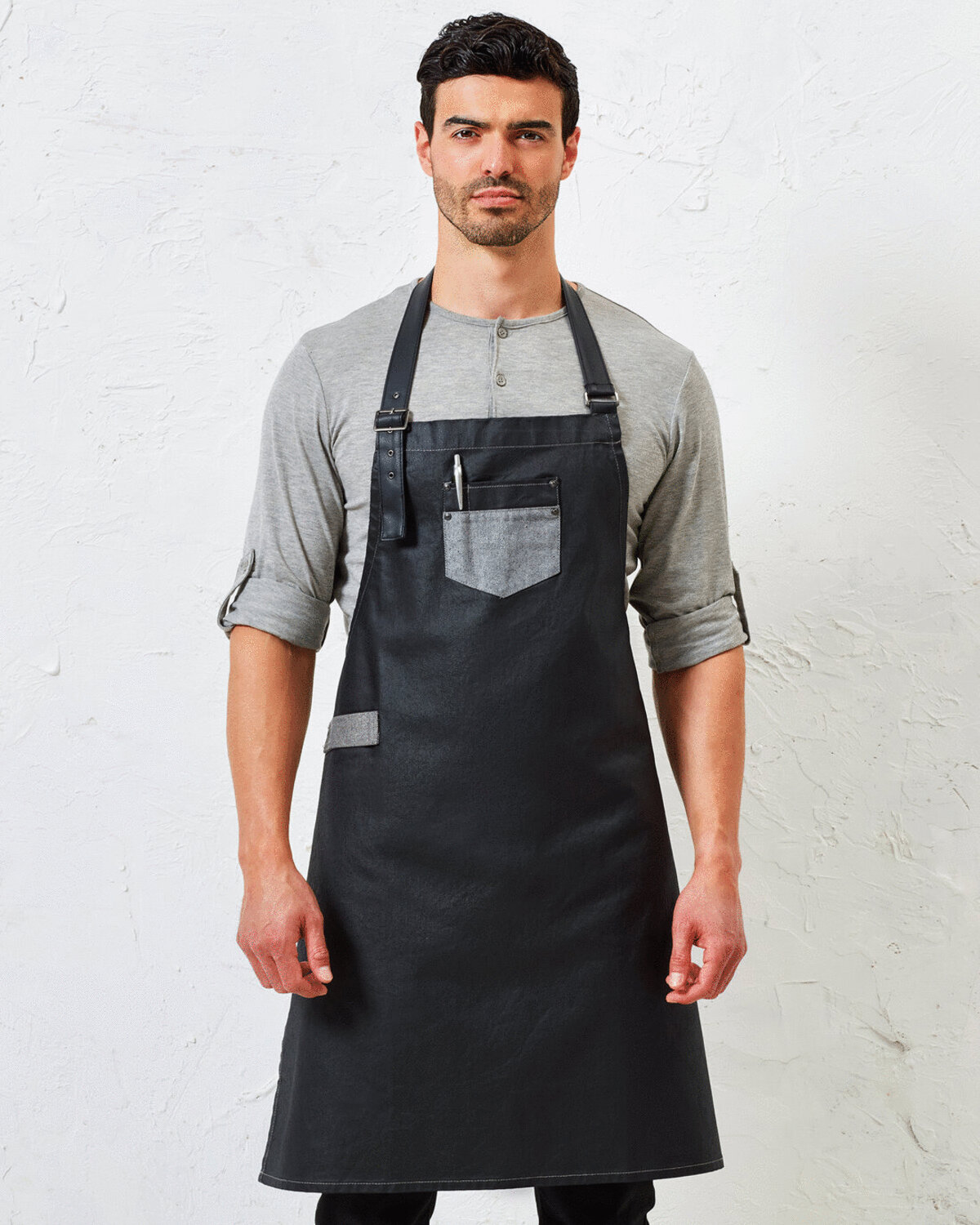 DIVISION WAXED LOOK DENIM BIB APRON WITH FAUX LEATHER